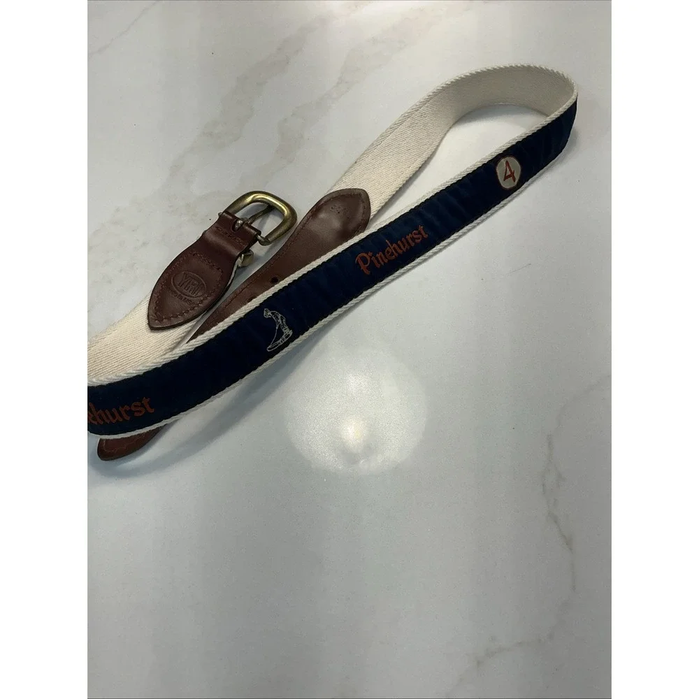 Pinehurst Golf YRI Men's 34/85 Ribbon Belt Blue Canvas Leather Brass Buckle